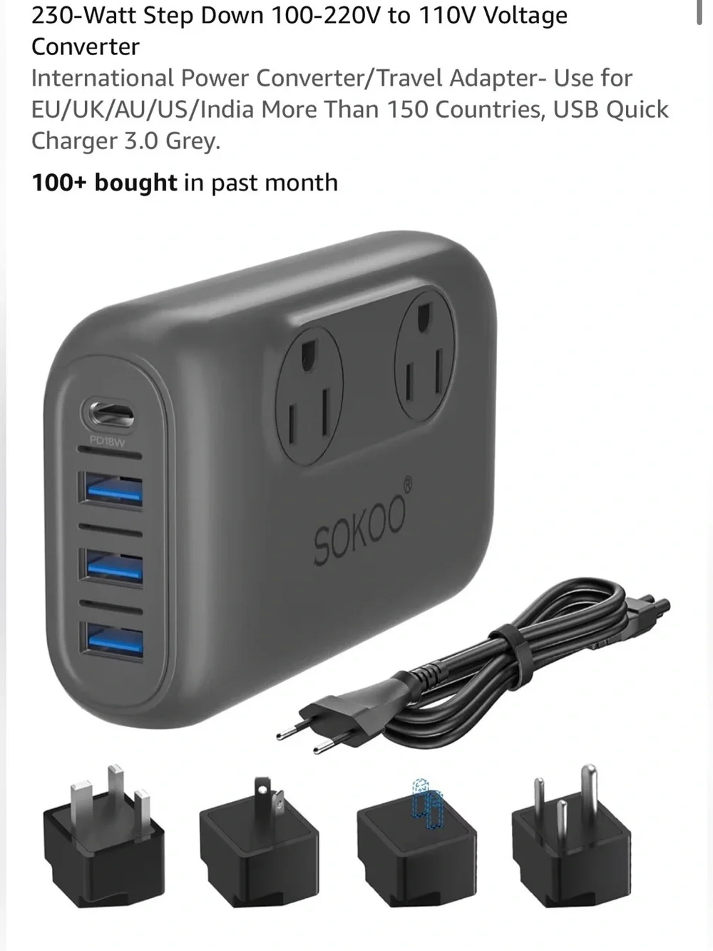 SOKO 230W Travel Voltage Converter with Multiple USB Ports - Gray
